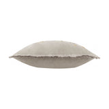 Side view of the Strawberry Thief Jacquard Velvet Cushion in biscuit-beige, showing plump velvet piping and a fringed edge trim, photographed on a plain white background.