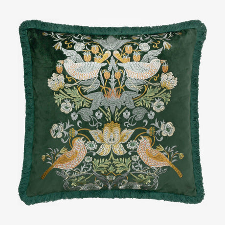 Square forest green velvet cushion with embroidered Strawberry Thief bird and floral design in cream, gold and rust, finished with matching fringe trim.