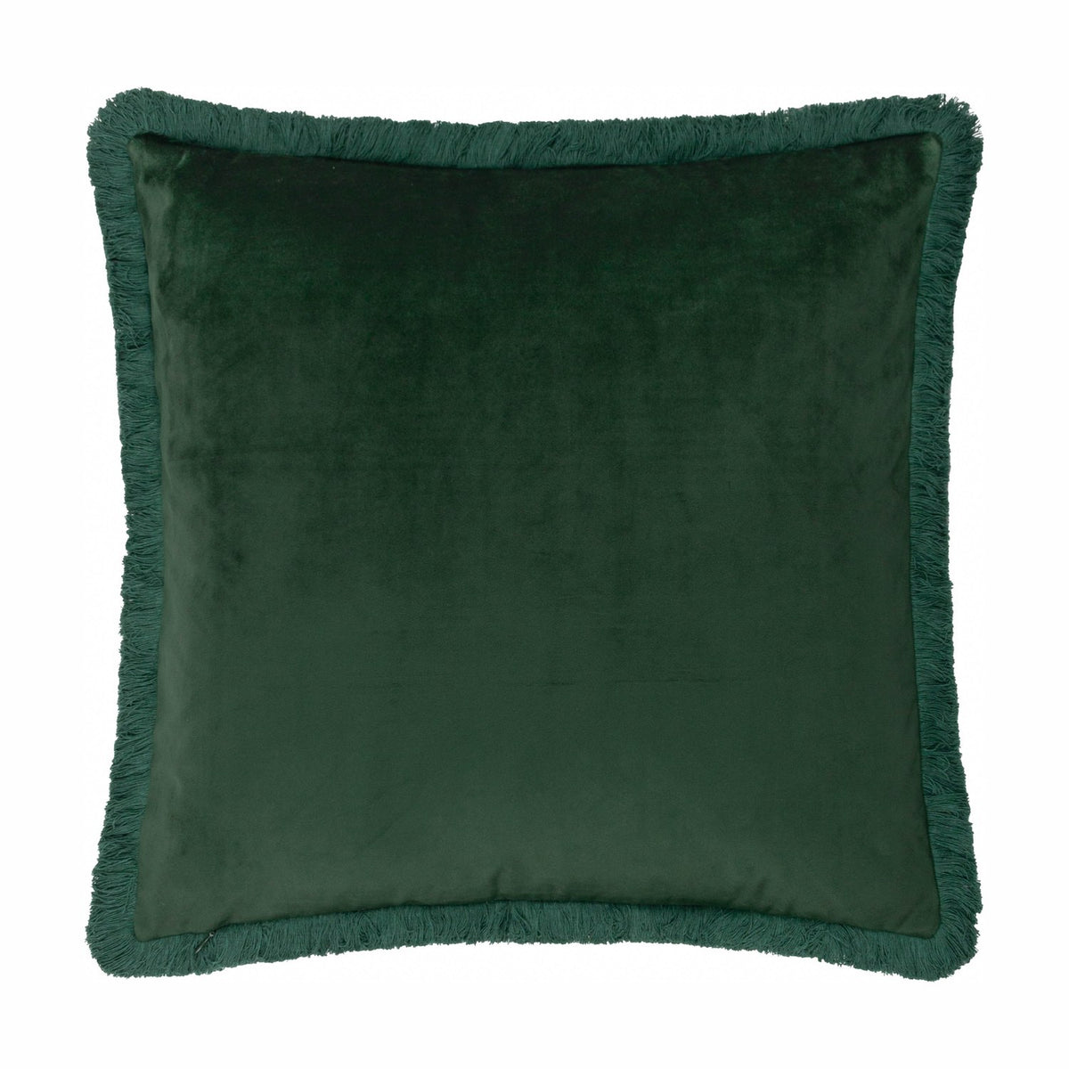 Square forest green velvet cushion with fringed edging, shown plain on the reverse side against a white background.