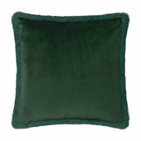 Square forest green velvet cushion with fringed edging, shown plain on the reverse side against a white background.