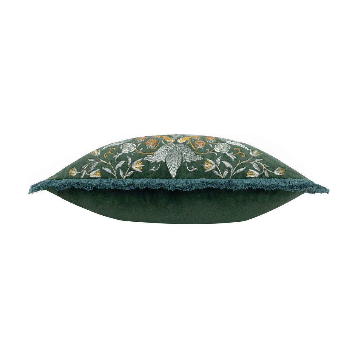 Side view of the Strawberry Thief Jacquard Velvet Cushion in forest green, showing bird and floral embroidery along the top edge and brush fringe trim.
