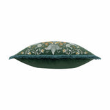 Side view of the Strawberry Thief Jacquard Velvet Cushion in forest green, showing bird and floral embroidery along the top edge and brush fringe trim.