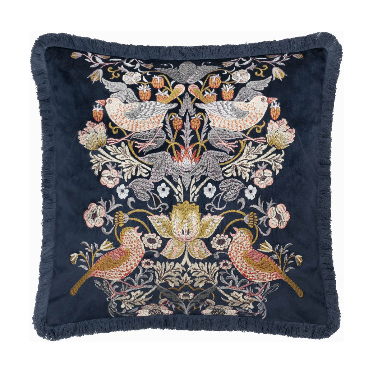 Strawberry Thief Jacquard Velvet Cushion in indigo, square with fringed edging, embroidered mirrored bird and strawberry motif with florals on deep blue velvet, shown on a white background.