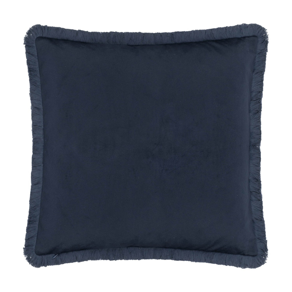 Square indigo velvet cushion with fringed edging on all sides, plain solid finish, shown on a white background.