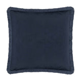 Square indigo velvet cushion with fringed edging on all sides, plain solid finish, shown on a white background.