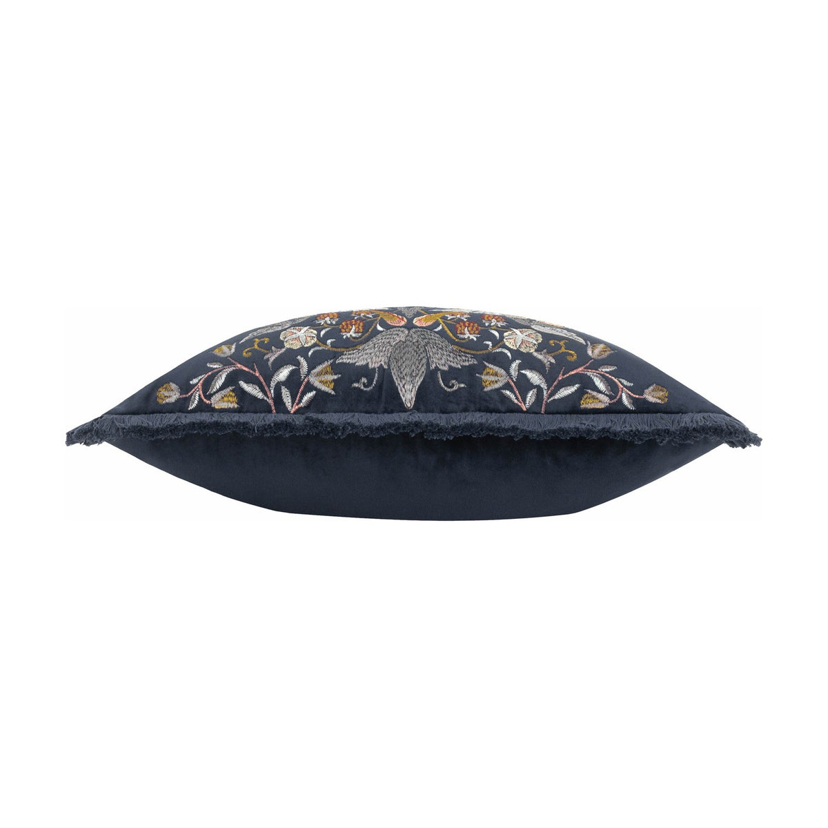 Strawberry Thief Jacquard Velvet Cushion in indigo, shown side-on with fringed edge trim, bird and floral embroidery visible along the top seam, on a plain white background.