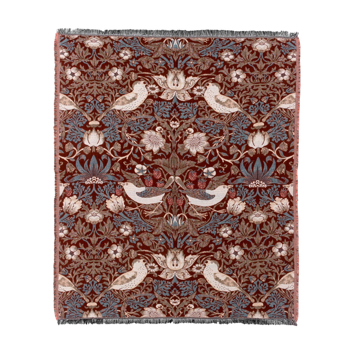 Strawberry Thief Jacquard Cotton Throw in berry-red, woven with bird, floral and strawberry motifs in blue, cream and brown, fringed edges, shown on a plain white background.