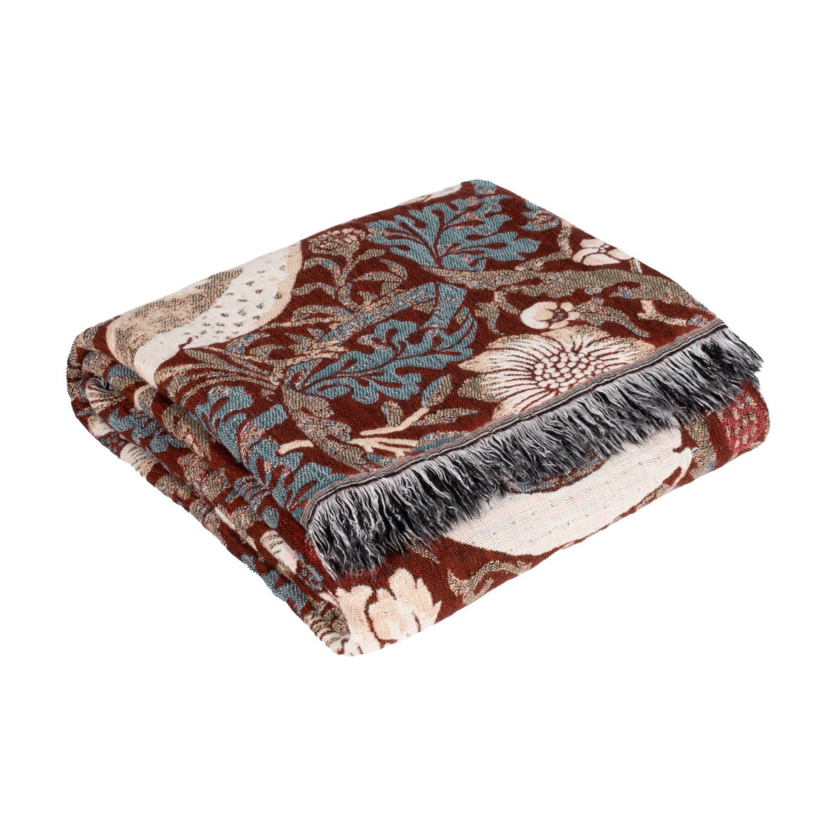 Folded Strawberry Thief jacquard cotton throw in berry red with bird and floral motifs in blue and cream, finished with grey fringe, on a white background.