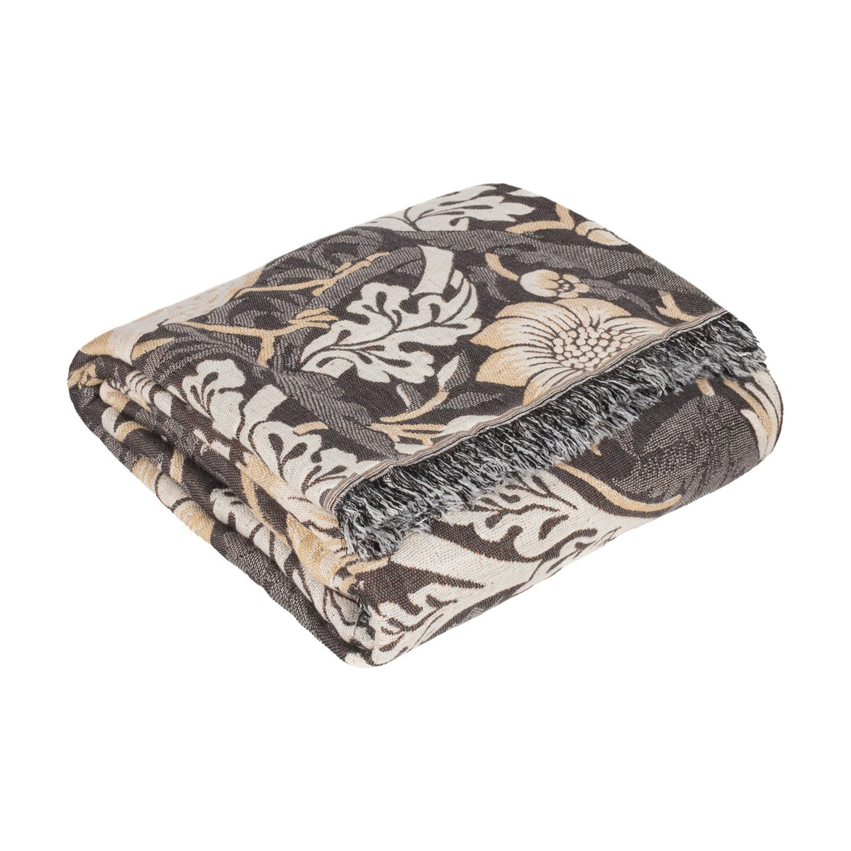 Folded Strawberry Thief jacquard cotton throw in charcoal, cream and biscuit tones with a fringed edge, shown on a plain white background.