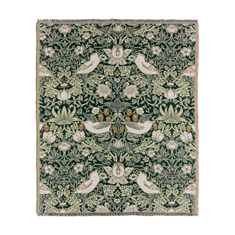 Strawberry Thief Jacquard Cotton Throw in Forest Green, a woven William Morris design of birds, strawberries and foliage with fringed edges, shown on a plain white background.