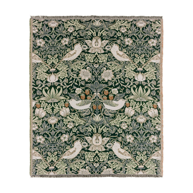 Strawberry Thief Jacquard Cotton Throw in Forest Green, a woven William Morris design of birds, strawberries and foliage with fringed edges, shown on a plain white background.