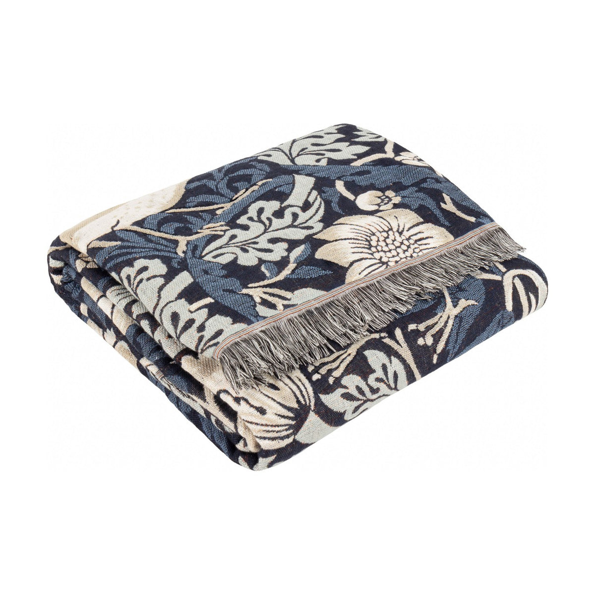 Folded Strawberry Thief jacquard cotton throw in indigo blue and cream floral pattern with fringed edge, shown on a plain white background.