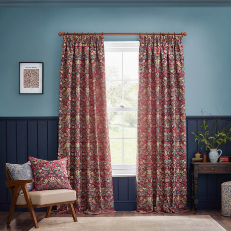 Strawberry Thief Jacquard Polyester Pencil Pleat Curtains - Berry
