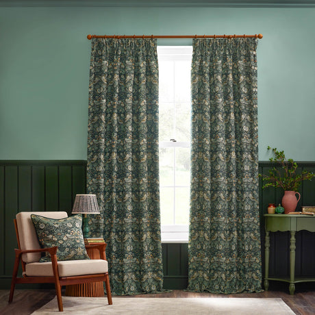 Strawberry Thief Polyester Pencil Pleat Curtains - Forest Green