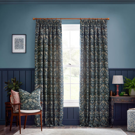 Strawberry Thief Polyester Pencil Pleat Curtains - Indigo