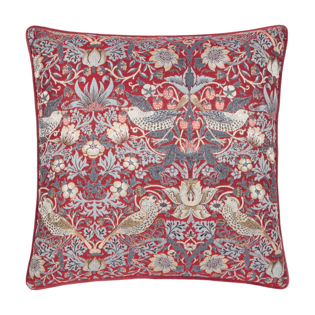 Square jacquard velvet cushion in Strawberry Thief pattern, deep berry red ground with slate blue and cream birds, tulips and foliage, shown on a white background.
