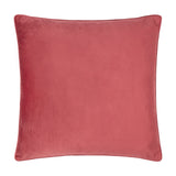 Square Strawberry Thief Jacquard Velvet Cushion in berry red velvet with a plain, softly textured front and piped edge, shown against a white background.