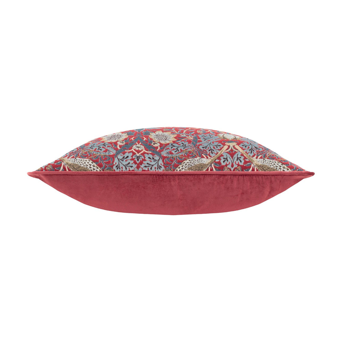 Side view of the Strawberry Thief Jacquard Velvet Cushion in Berry, showing bird and floral jacquard weave on one face and plain berry-red velvet on the other, set against a white background.
