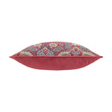 Side view of the Strawberry Thief Jacquard Velvet Cushion in Berry, showing bird and floral jacquard weave on one face and plain berry-red velvet on the other, set against a white background.