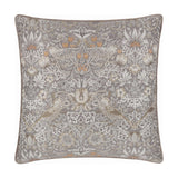 Strawberry Thief Jacquard Velvet Cushion in biscuit, square with piped edges, woven bird and berry motif in grey, cream and beige tones, shown on a white background.