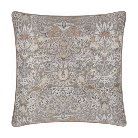 Strawberry Thief Jacquard Velvet Cushion in biscuit, square with piped edges, woven bird and berry motif in grey, cream and beige tones, shown on a white background.