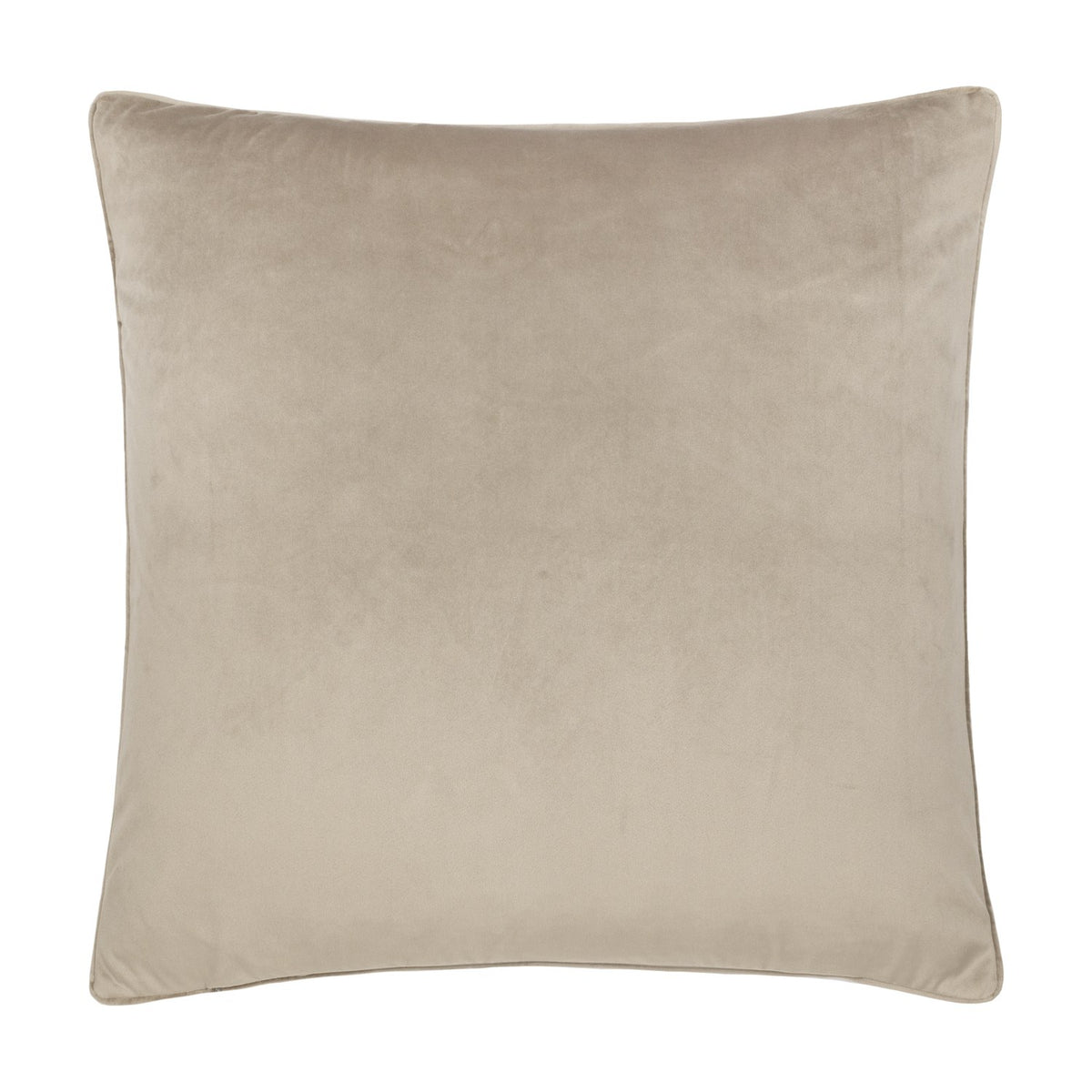 Square velvet cushion in the Strawberry Thief Jacquard design, shown here in a plain beige tone with a piped edge, photographed against a white background.