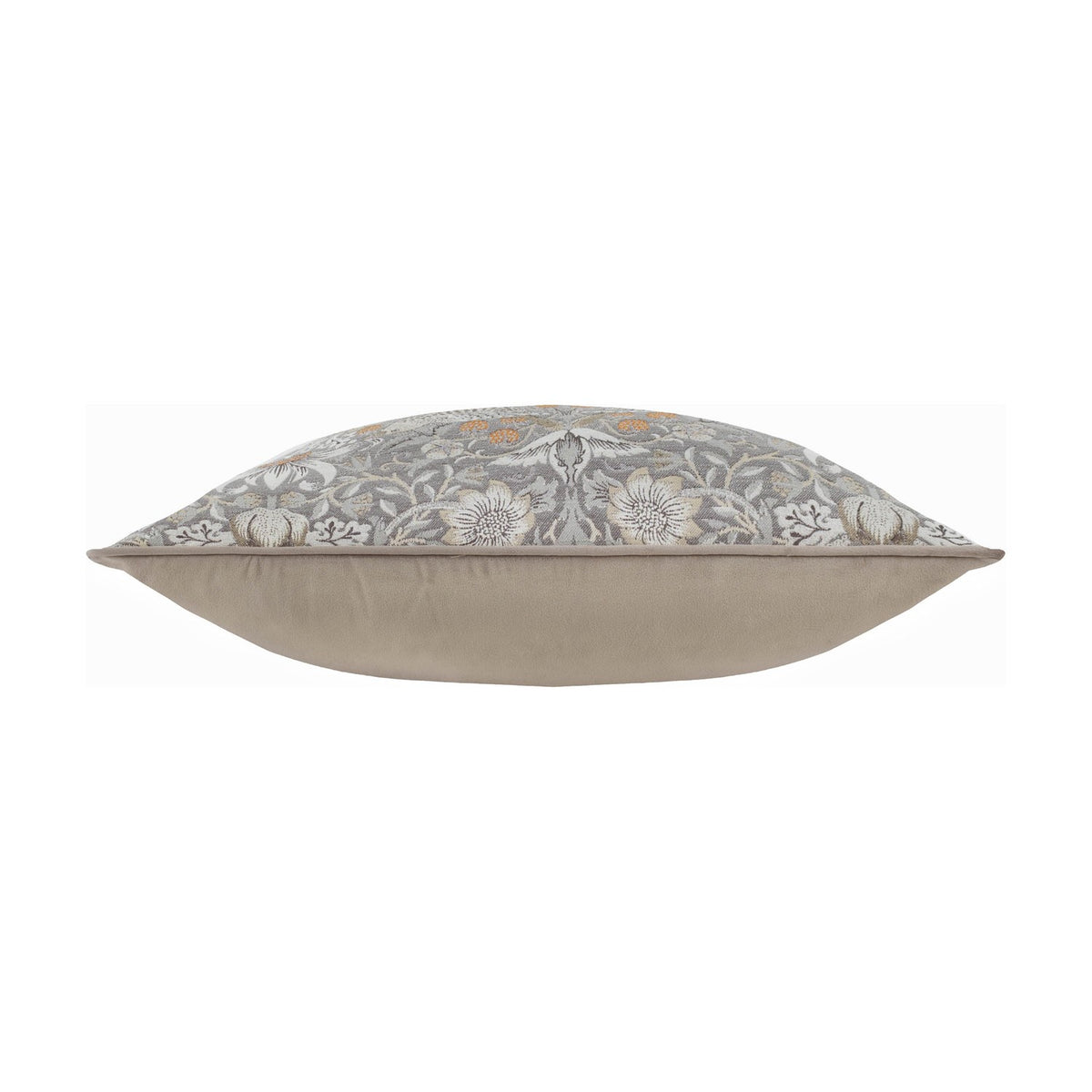 Side view of the Strawberry Thief Jacquard Velvet Cushion in biscuit, showing the grey and cream bird-and-foliage jacquard front against a plain beige velvet back on a white background.