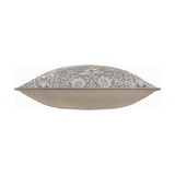 Side view of the Strawberry Thief Jacquard Velvet Cushion in biscuit, showing the grey and cream bird-and-foliage jacquard front against a plain beige velvet back on a white background.