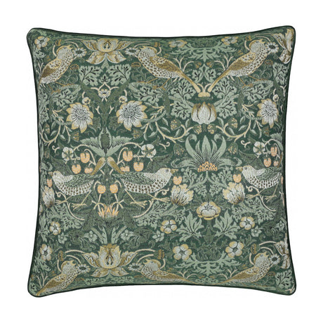 Square jacquard velvet cushion in forest green featuring Morris & Co.'s Strawberry Thief design with woven birds, flowers and foliage, edged with matching piping on a plain white background.
