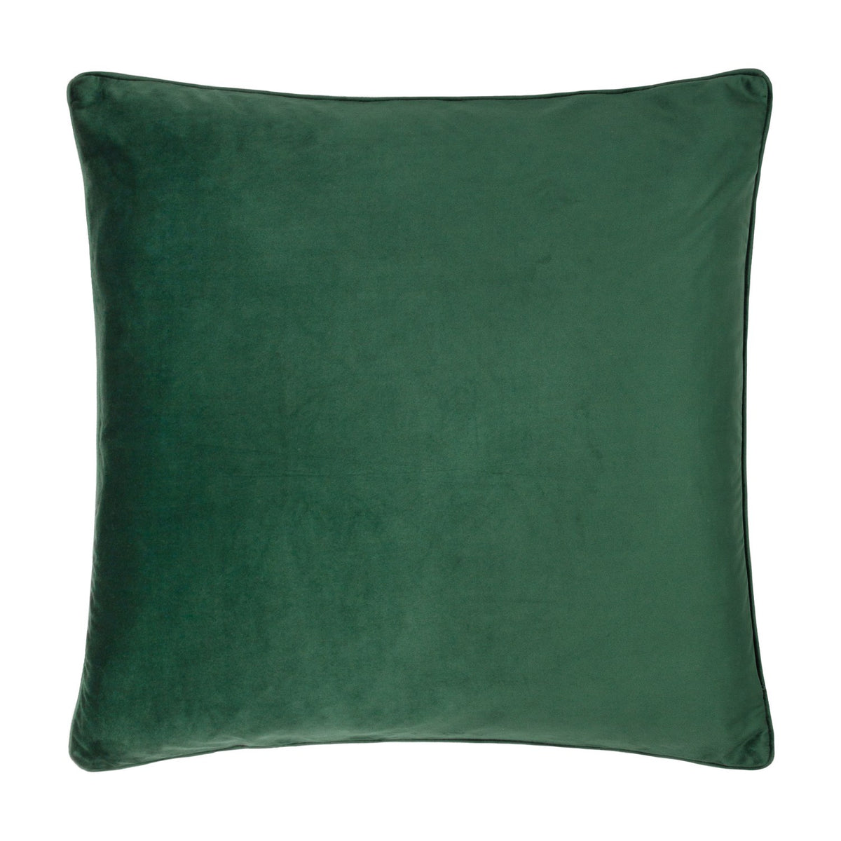 Square velvet cushion in forest green with a plain reverse side and self-coloured piped edge trim, shown against a white background.