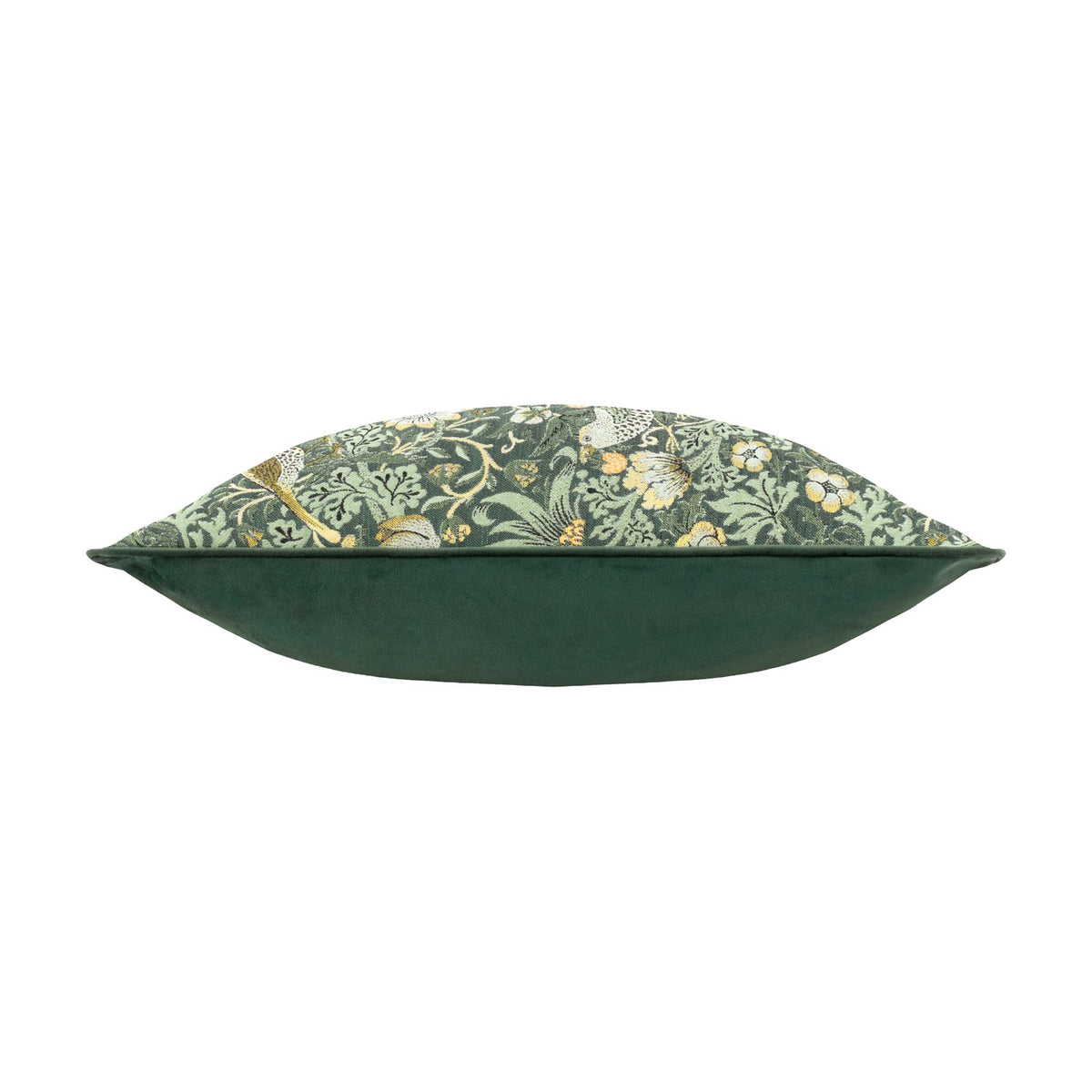 Side view of the Strawberry Thief Jacquard Velvet Cushion in forest green, showing the woven bird and floral pattern on one side and plain green velvet on the reverse, against a white background.