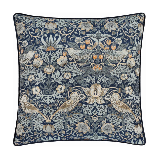 Strawberry Thief Jacquard Velvet Cushion in indigo, square with navy piping, showing birds, strawberries and scrolling foliage woven in blue, grey and gold tones on a plain background.