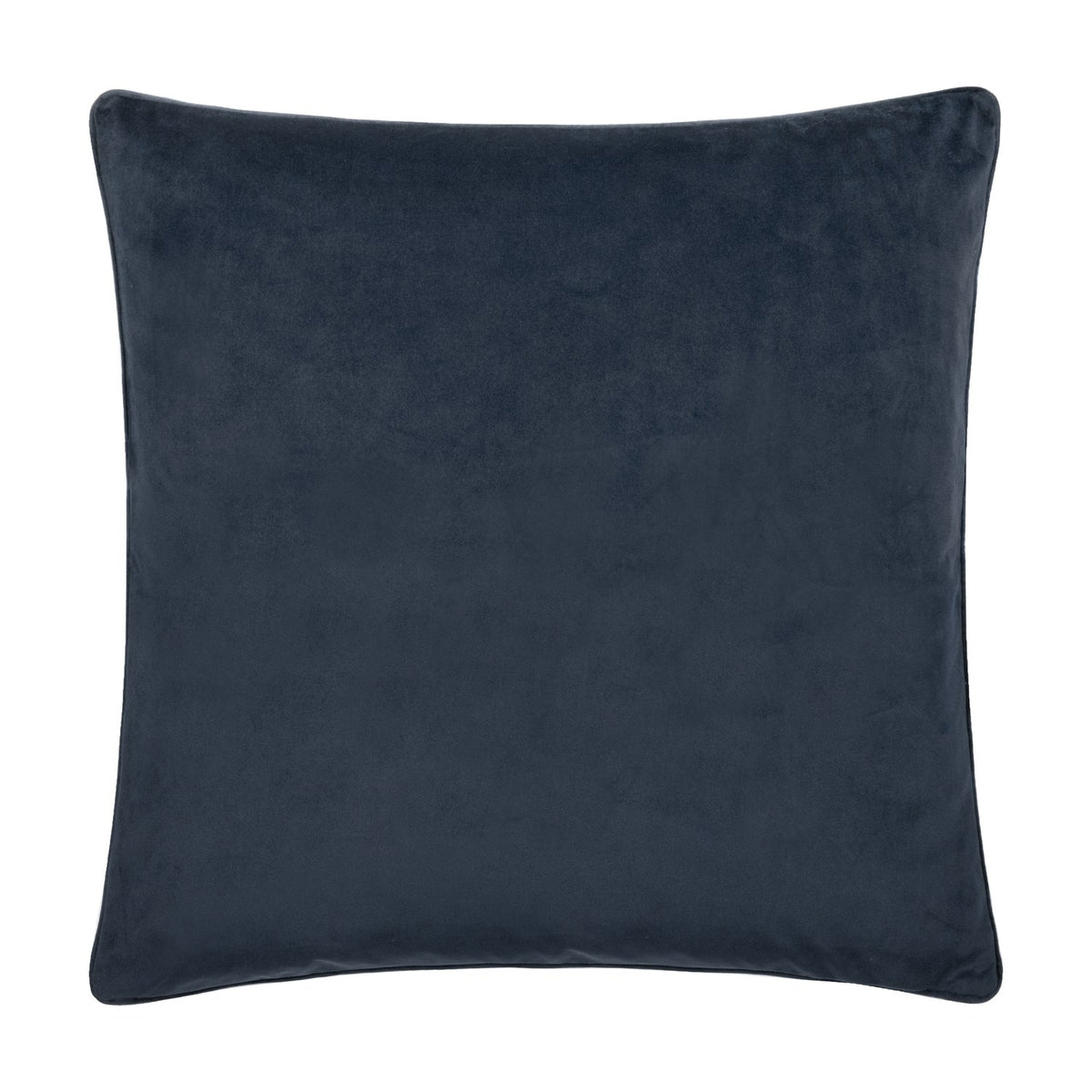 Strawberry Thief Jacquard Velvet Cushion in indigo, plain square design with velvet finish and piped edging, shown on a white background.