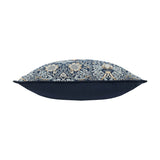 Side view of the Strawberry Thief Jacquard Velvet Cushion in indigo, showing the patterned front edge and plain navy velvet back and sides on a white background.