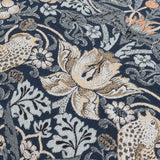 Close-up of the Strawberry Thief Jacquard Velvet Cushion in indigo, showing woven birds, strawberries and scrolling foliage in beige, grey and orange tones.