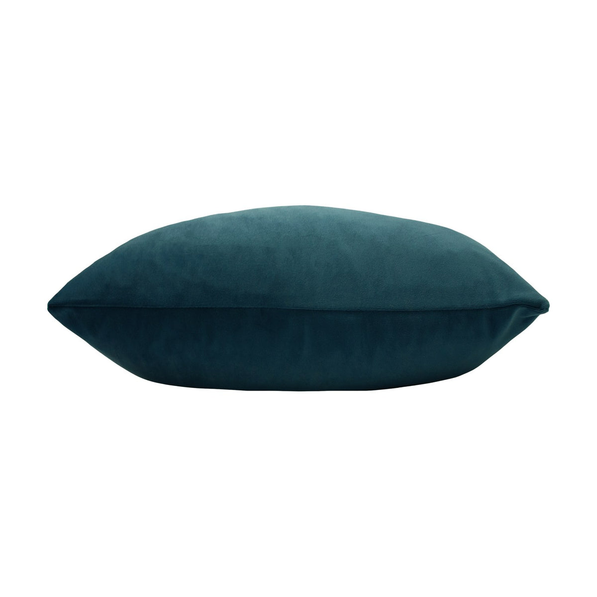 Sunningdale plain velvet cushion in kingfisher teal, shown side-on with plump piped edges, dense pile finish, on a plain white background.
