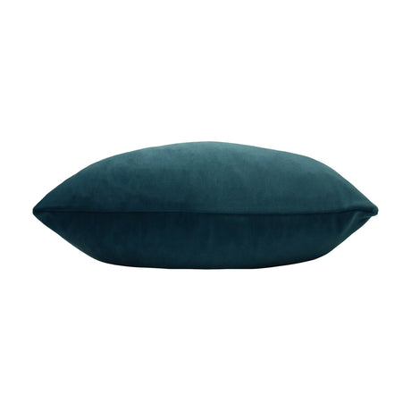 Sunningdale plain velvet cushion in kingfisher teal, shown side-on with plump piped edges, dense pile finish, on a plain white background.