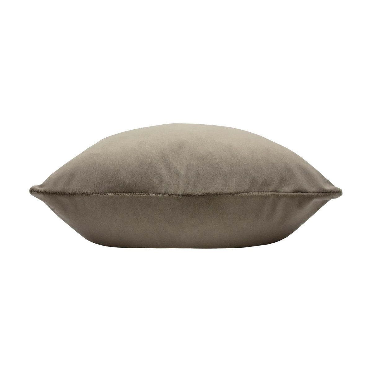 Sunningdale plain velvet cushion in mink, a square 50 x 50cm design in soft warm-grey brown velvet, shown side-on against a plain white background.