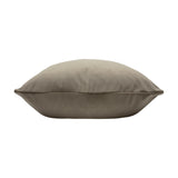 Sunningdale plain velvet cushion in mink, a square 50 x 50cm design in soft warm-grey brown velvet, shown side-on against a plain white background.