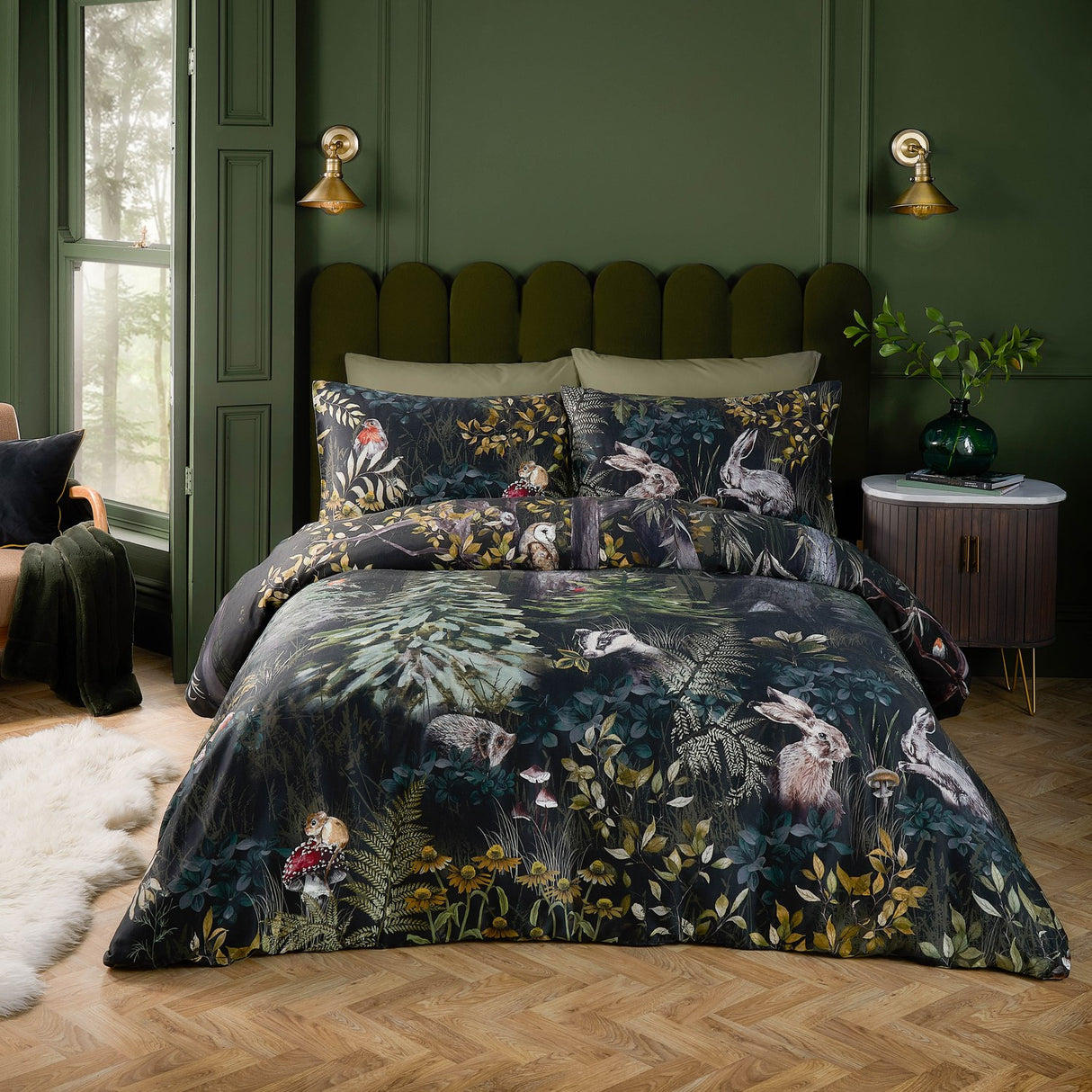 Sherwood Forest Cotton Woodland Duvet Cover Set - Green/Black