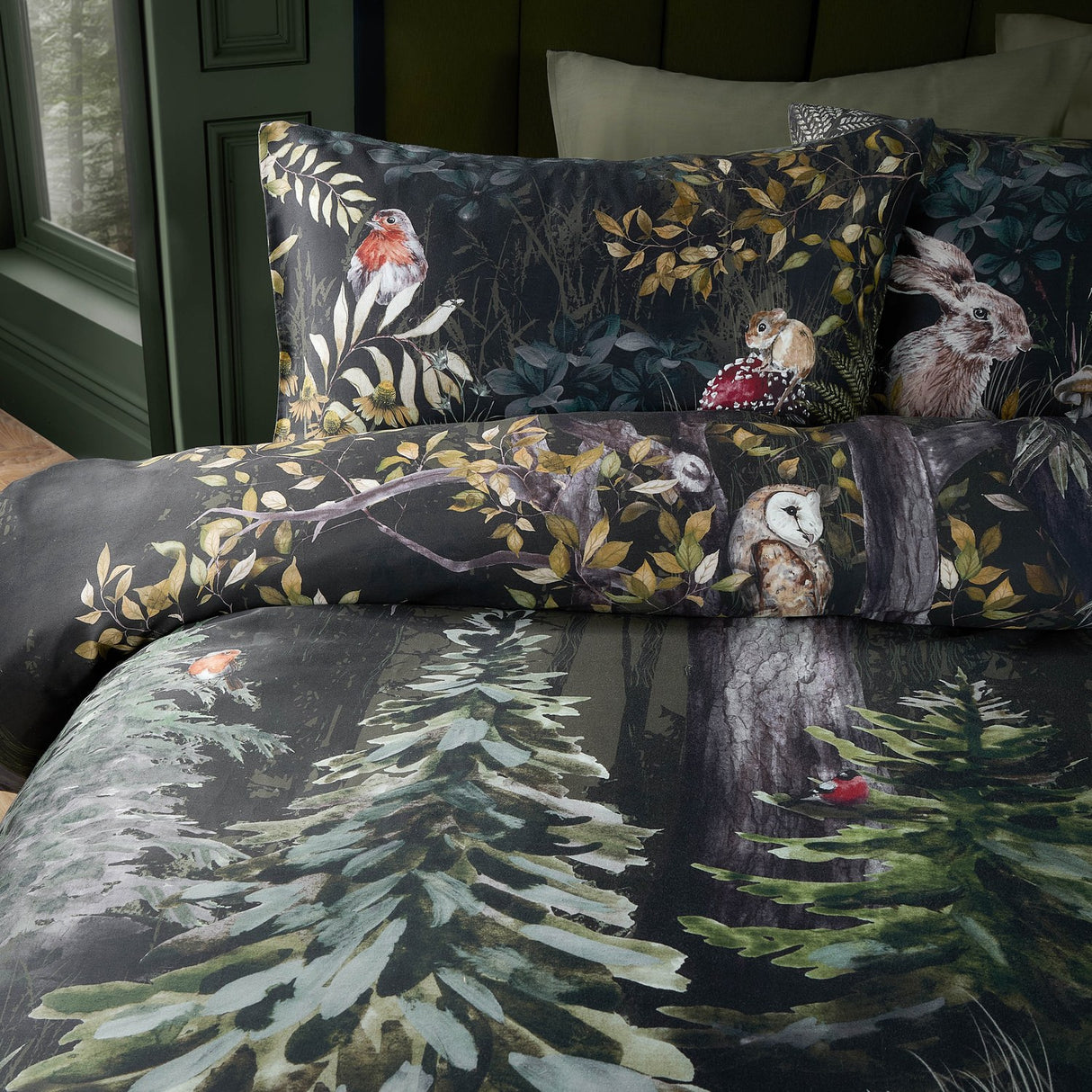 Sherwood Forest Cotton Woodland Duvet Cover Set - Green/Black