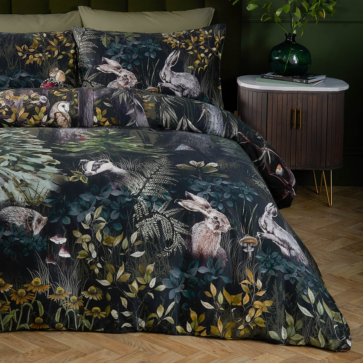 Sherwood Forest Cotton Woodland Duvet Cover Set - Green/Black