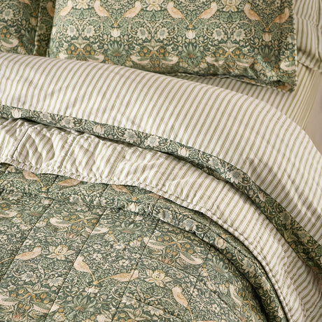 Strawberry Thief Percale Cotton Bedspread - Forest Green