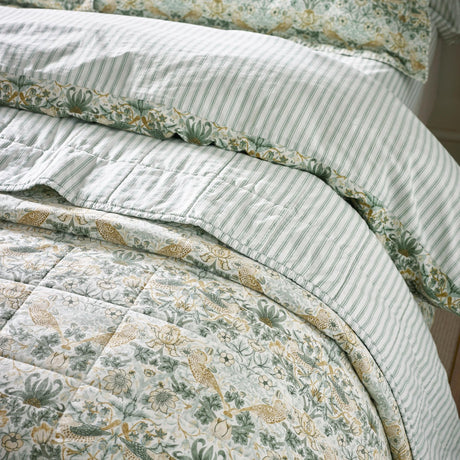 Strawberry Thief Percale Cotton Bedspread - Sage Green