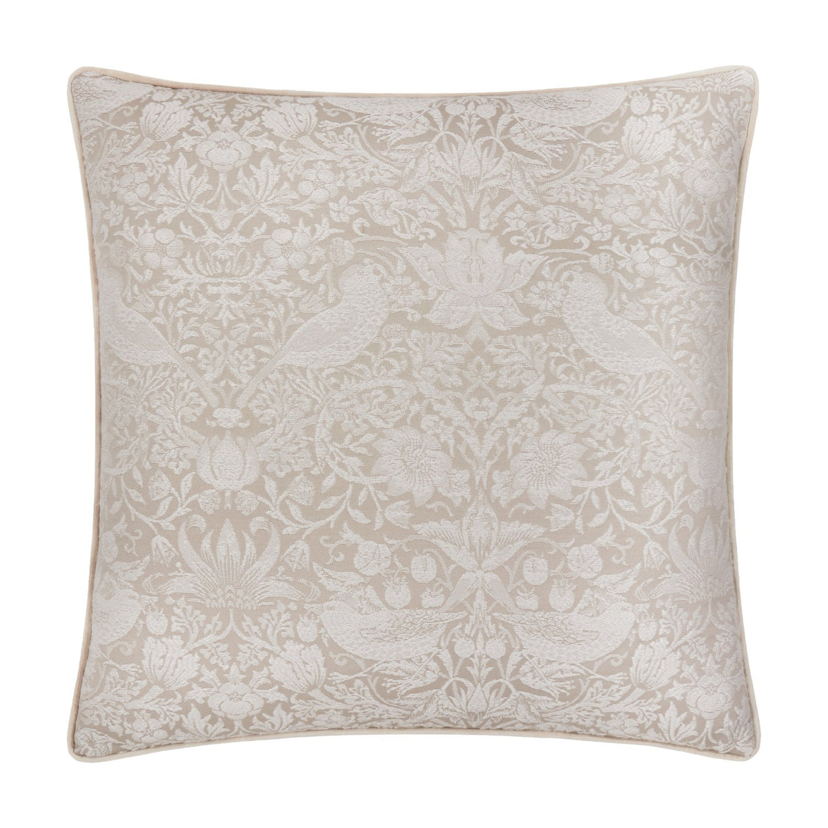 Square Strawberry Thief jacquard linen cushion with off-white bird and strawberry pattern on a neutral ground, shown on a plain white background.