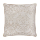Square Strawberry Thief jacquard linen cushion with off-white bird and strawberry pattern on a neutral ground, shown on a plain white background.