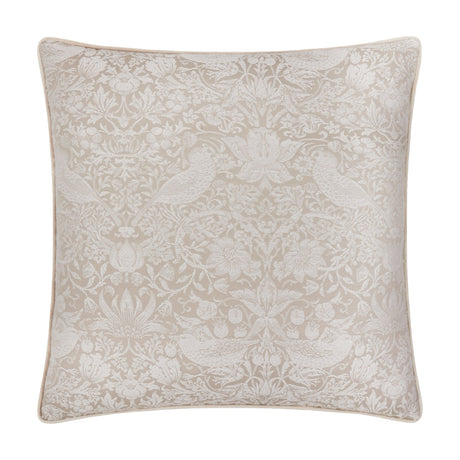 Square Strawberry Thief jacquard linen cushion with off-white bird and strawberry pattern on a neutral ground, shown on a plain white background.