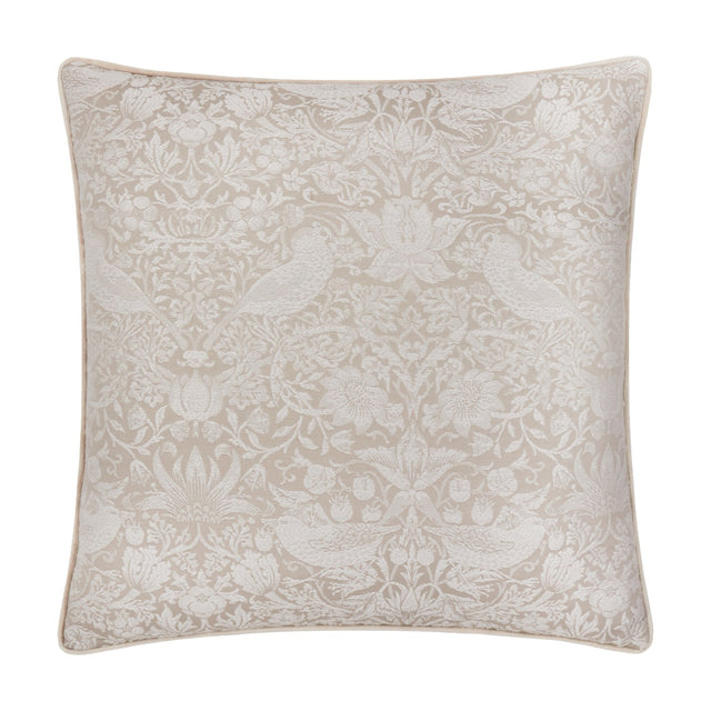 Square Strawberry Thief jacquard linen cushion with off-white bird and strawberry pattern on a neutral ground, shown on a plain white background.