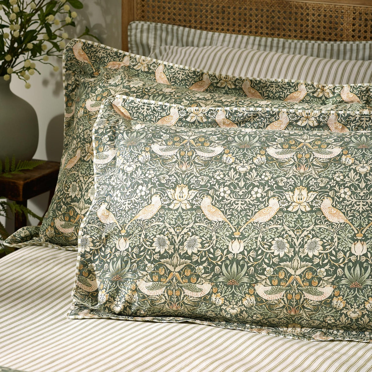 Strawberry Thief Percale Cotton Pillowcase Pair - Forest Green