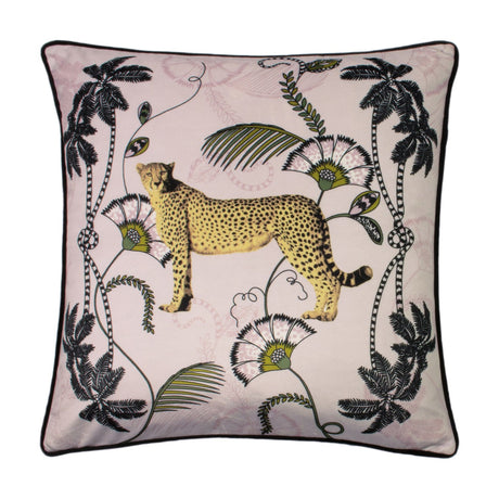 Tropica Cheetah Animal Velvet Cushion in blush pink, square with black piped edge, printed cheetah among palms, vines and flowers, on a white background.